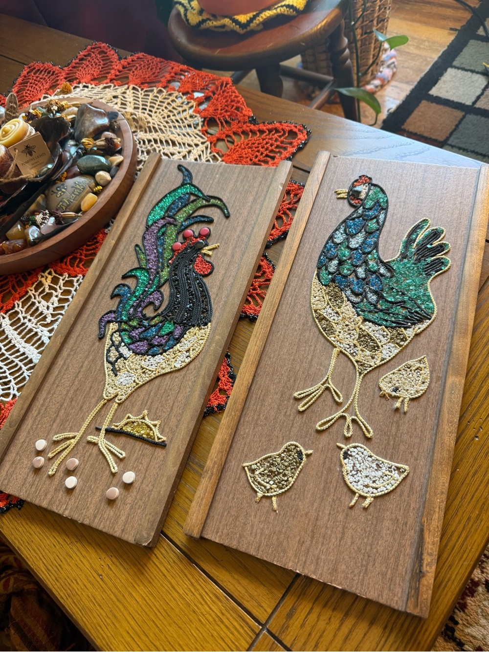Vintage 70s Gravel Art Rooster Hen Chicken Wall Panels MCM Pair